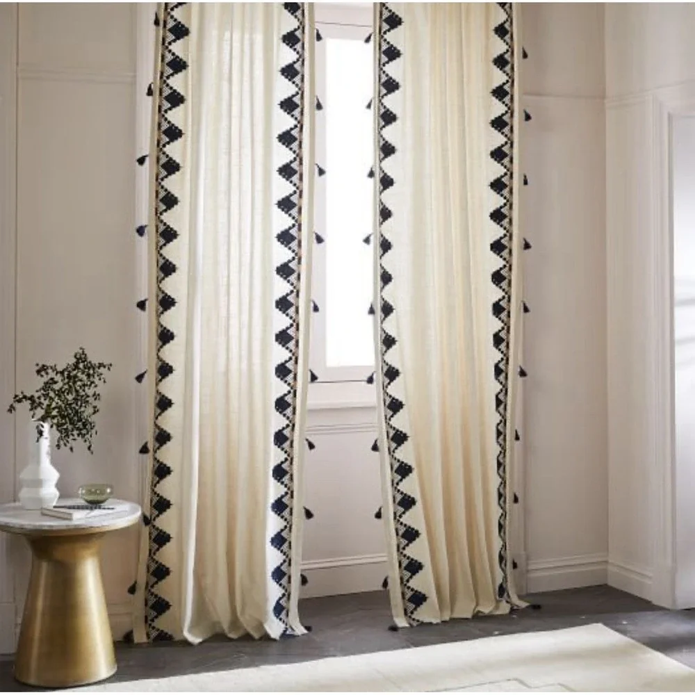 West Elm Linen Curtain Panels with Navy Embroidered Edge and Tassels (Set of 2)